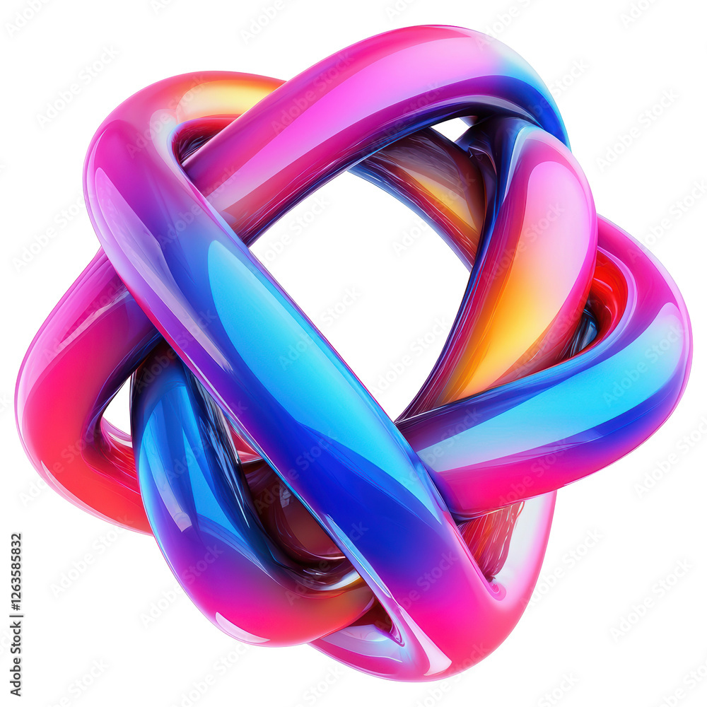 Poster abstract geometric knot with iridescent glossy texture on transparent background