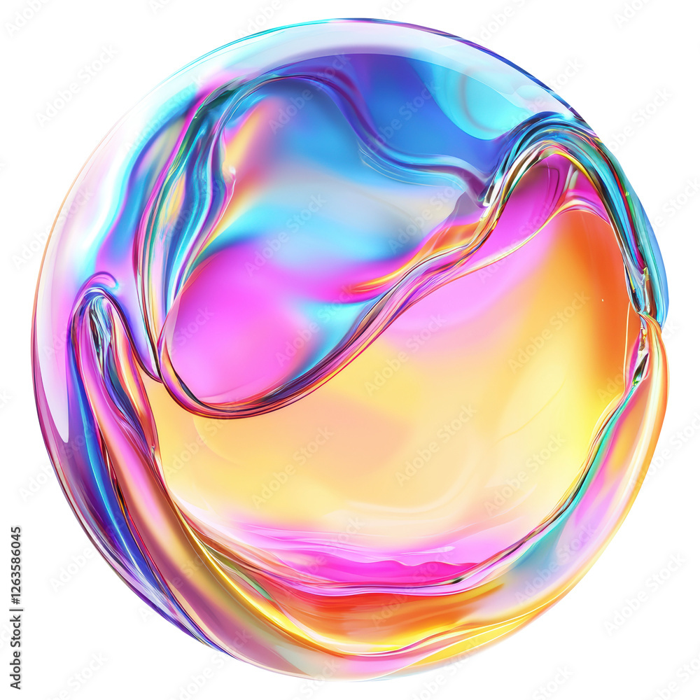 Poster abstract iridescent sphere with rainbow colors and glossy texture on transparent background
