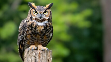 Obraz premium Great Horned Owl perched, forest background, wildlife photography
