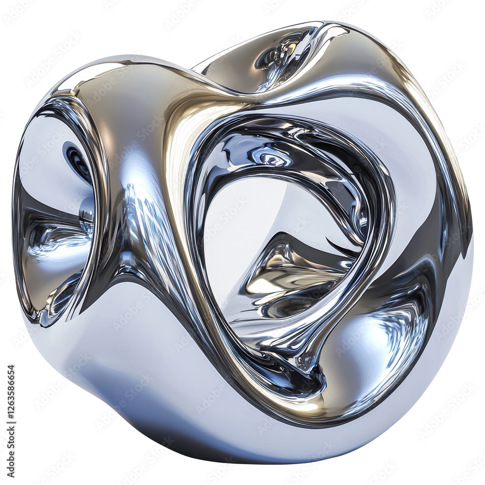 Poster abstract silver metallic sphere with intricate openings and smooth reflective chrome texture