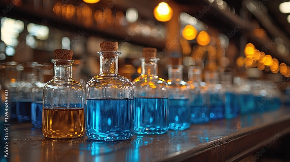 Poster a row of blue-filled bottles sits atop a counter, alongside another row of the same