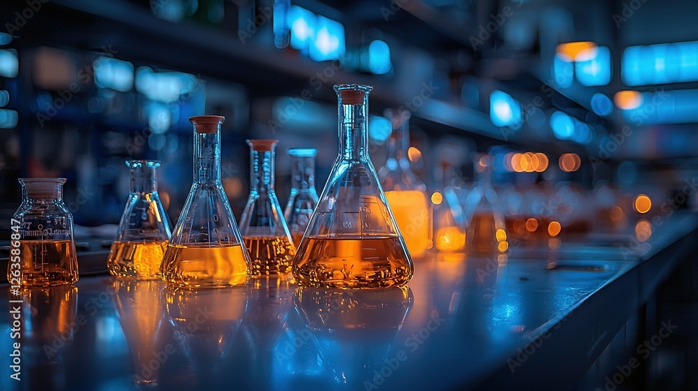 Poster a row of flasks sits atop a table, holding liquid, with another row of flasks behind