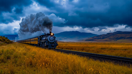 Obraz premium A train traveling through a field of tall grass under a cloudy sky