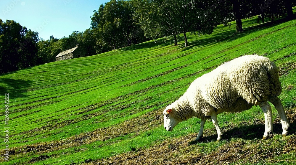 Poster a sheep grazes in a field with trees on one side and a hill in the background