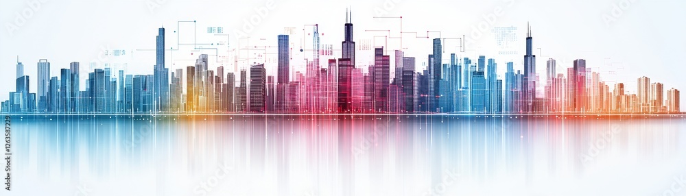 Poster abstract city skyline with technology elements and vibrant color gradient in a modern and futuristic