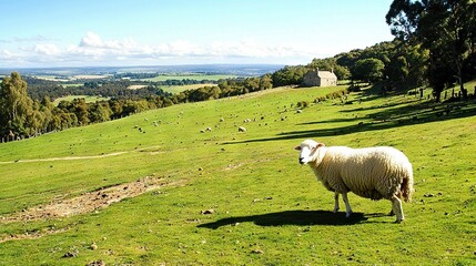 Obraz premium A lush green field surrounds a sheep, trees line one side while a building stands tall on the other