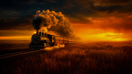 Obraz premium A train traveling through a field of tall grass at sunset