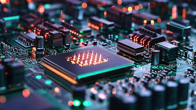A robotic surface-mount technology (SMT) machine, placing minuscule transistors onto a silicon wafer, part of an advanced semiconductor production line.