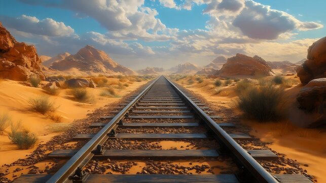 A train track in the desert with a cloudy sky in the background
