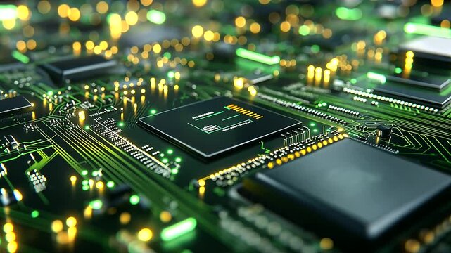 A state-of-the-art PCB production line, where tiny electronic parts are soldered onto a densely packed motherboard, with real-time quality control displayed on digital monitors.