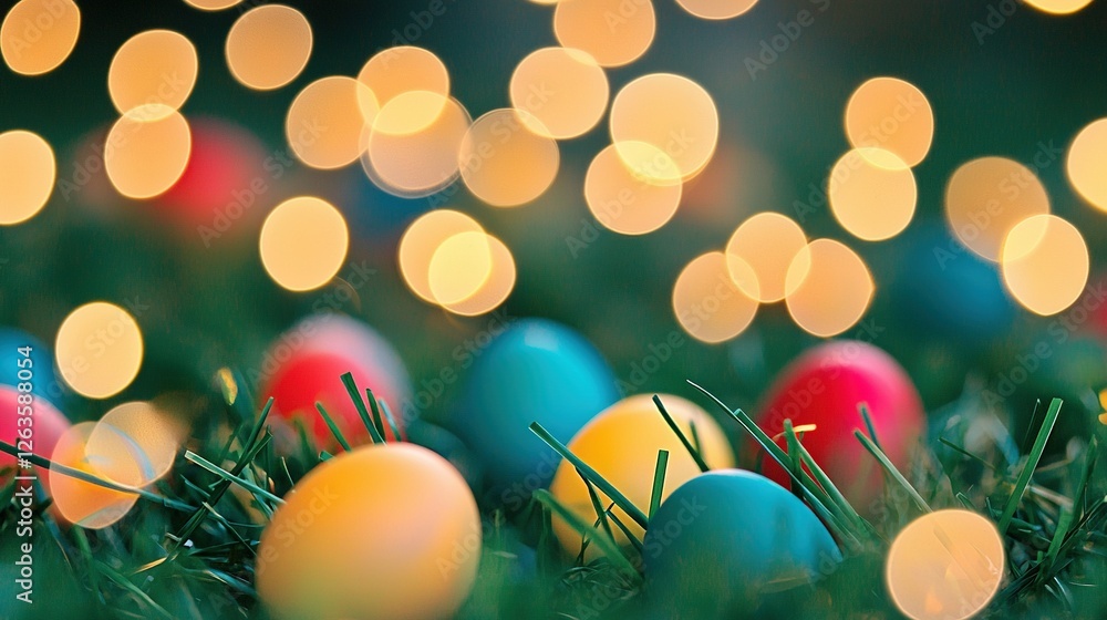 Poster a close-up of a field of eggs surrounded by grass and lit from the side