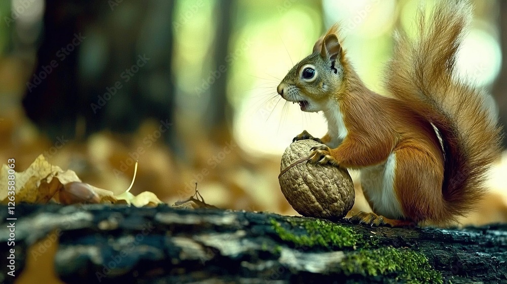 Poster a squirrel perched on a tree trunk with a nut in its mouth, facing the camera