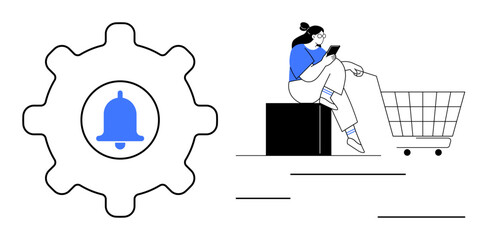 Gear with bell at center, woman reading on smartphone beside shopping cart. Ideal for app settings, notifications, e-commerce, online shopping, digital marketing, consumer behavior, technology usage