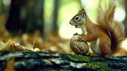 Obraz premium A squirrel perched on a tree trunk with a nut in its mouth, facing the camera
