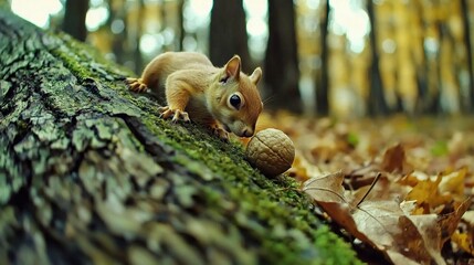   Squirrel perched on tree trunk amidst forest foliage, with tree trunk in focal point