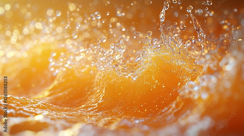 Poster a close-up of an orange submerged in water with bubbles floating on its surface and at the bottom