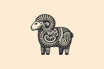 Primitive-style ceramic ram, black engraving logo or emblem