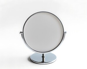 A minimalist round makeup mirror on a chrome stand, white background.