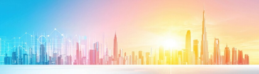 Vibrant City Skyline at Sunrise with Colorful Gradient Sky and Modern Architecture Silhouettes