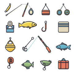 Fishing Equipment and Fish Icons – Vector Set for Anglers and Outdoor Enthusiasts