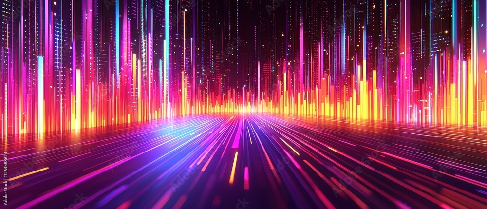 Poster colorful abstract digital landscape with vibrant light rays and glowing bars creating a futuristic c