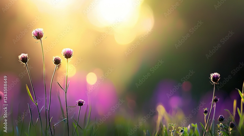 Poster a close-up of a field of flowers with the sun shining through the trees in the background and grass 
