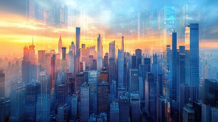 Fototapeta premium Majestic Sunrise Over Urban Skyline with Glowing Buildings and Vibrant Colors Reflecting on Cityscape at Dawn