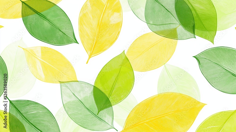 Poster seamless pattern of overlapping translucent green and yellow leaves forms a vibrant, refreshing natu