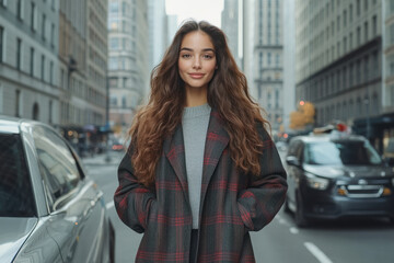Young woman in a stylish coat stands confidently in a bustling urban street surrounded by cars on a busy day