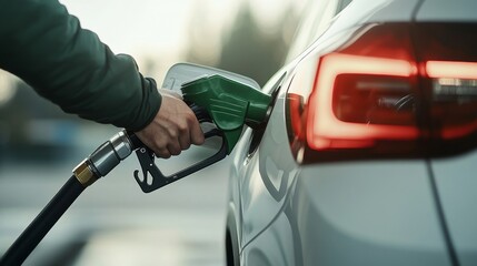 Fueling a Modern Car with Gasoline at a Gas Station