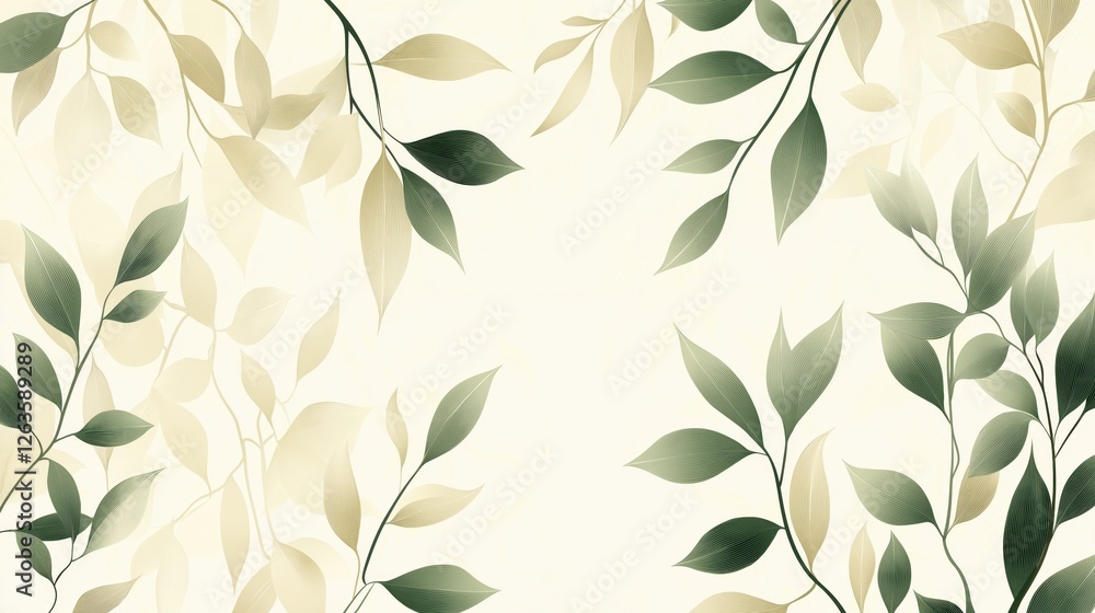 Poster verdant and golden foliage weaving delicate patterns, framing tranquil composition with understated 
