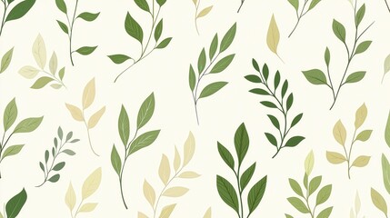 Fototapeta premium Green and beige leaves repeating across soft off white surface, forming organic botanical pattern with delicate botanical elements blending harmoniously