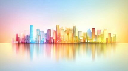 Obraz premium Vibrant and Colorful City Skyline Reflection at Dusk with Futuristic Skyscrapers and Ethereal Atmosphere