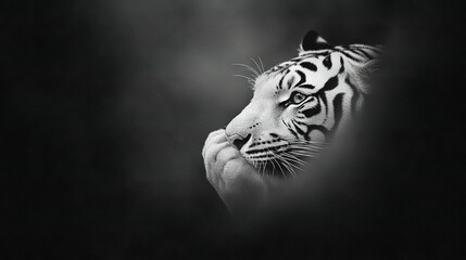   Black and white image of a tiger with its head turned, open mouth on a dark background