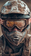 Obraz premium Dirt and dust cover the motocross rider's helmet and goggles, highlighting the rugged experience of navigating challenging terrain during a ride.