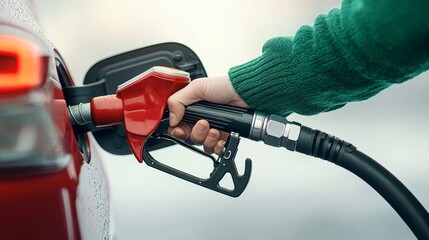 Hand Holding Fuel Pump Nozzle at Gas Station Close Up Image