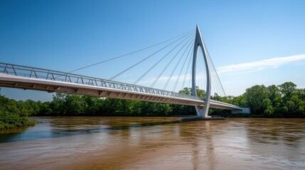 Naklejka premium Modern pedestrian bridge over a river. AI.