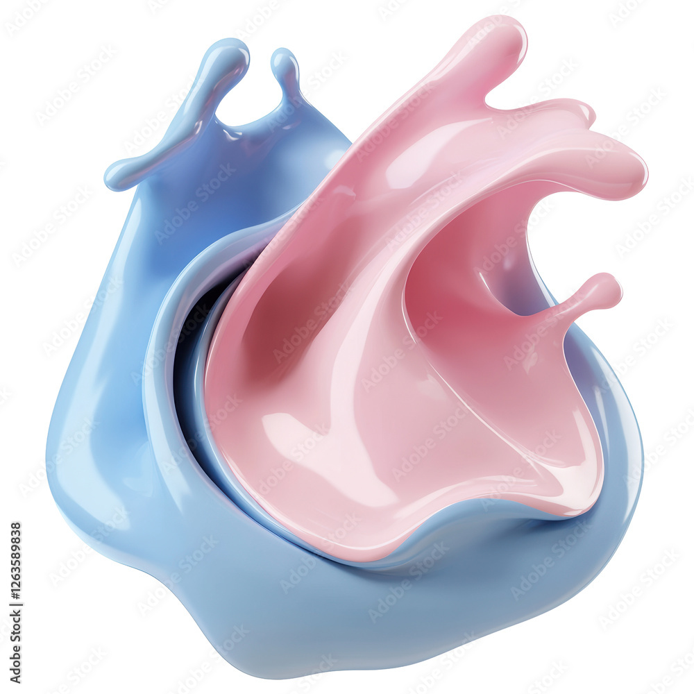 Poster dynamic splashes of pink and blue liquid with smooth curves on transparent backdrop