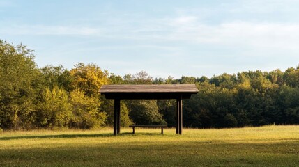 Naklejka premium Empty wooden gazebo in a meadow, sunny autumn day, scenic background