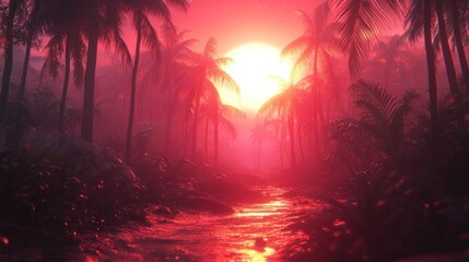 Tropical Sunset River Path, Misty Forest, Pink Glow