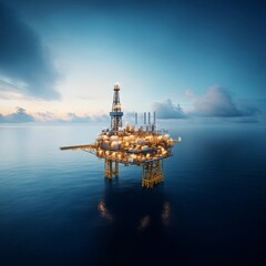 Obraz premium Oil Platform at Sunset Over Calm Ocean Waters