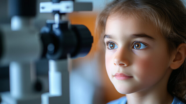 Ni&ntilde;a en el oftalm&oacute;logo durante una revisi&oacute;n m&eacute;dica de su visi&oacute;n