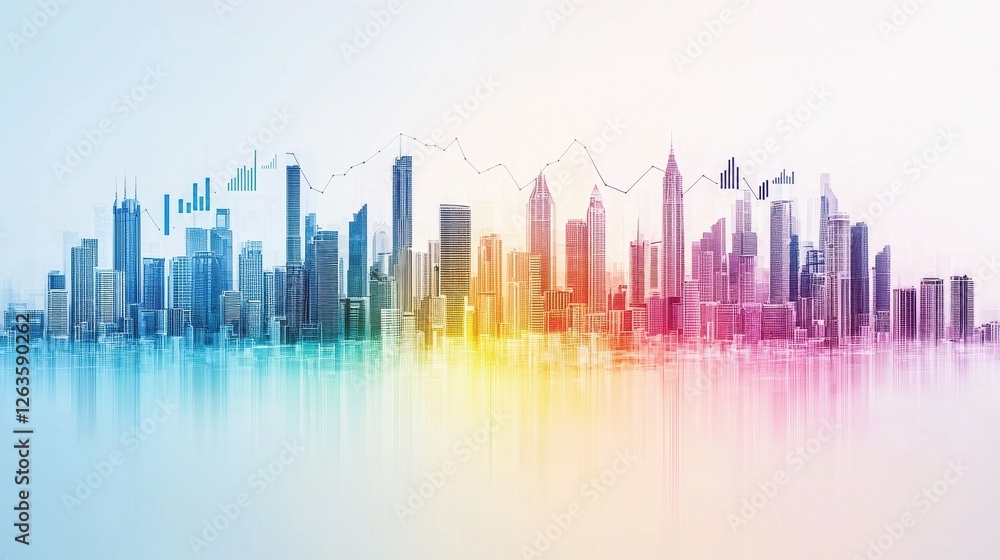 Poster vibrant urban skyline with financial graph and data visualization in colorful gradient