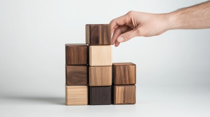 Hand placing wooden block on tower of other blocks