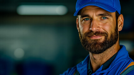 A man with a beard wearing a blue hat