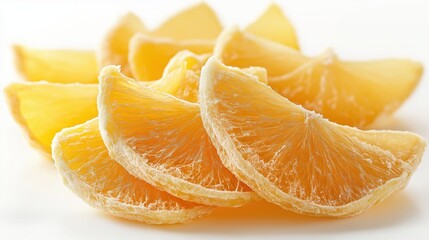 Dried orange slices displaying delicate translucent rings with golden amber hues, artfully arranged...