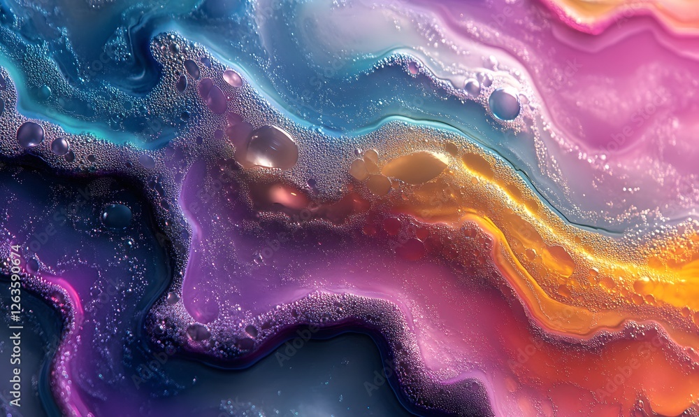 Poster abstract fluid art with vibrant colors and bubble effects creating a mesmerizing design