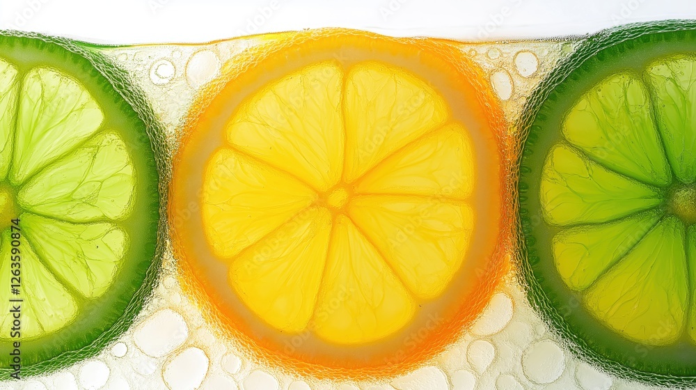 Poster lemon and lime slices suspended in fizzing water, generating bright citrus infused backdrop for refr