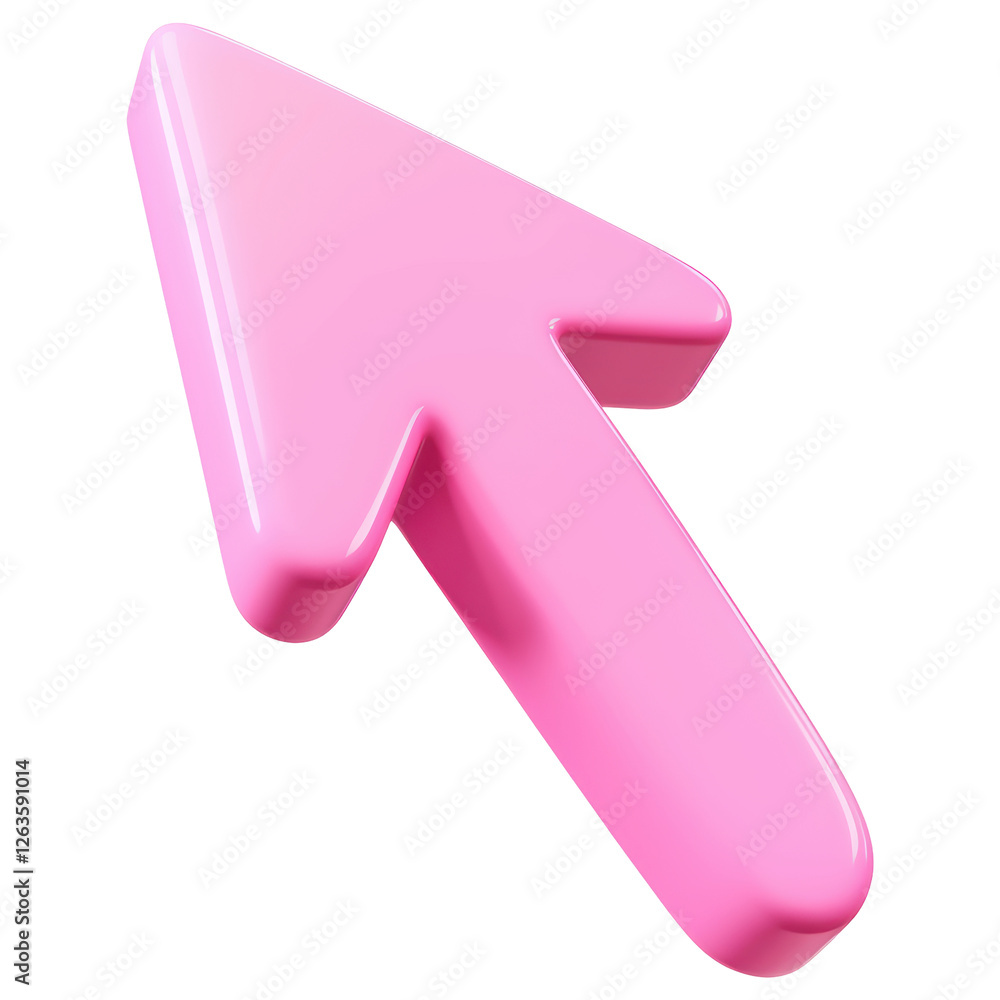 Poster glossy pink arrow cursor pointing upward on transparent background for user interface design