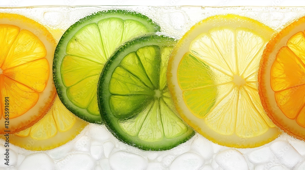 Poster citrus slices floating in fizzing water, showcasing bright colors and refreshing texture of orange, 